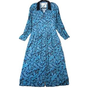 Vtg KSL Karin Stevens Dress 22W Teal Paisley Button Up Velvet Collar Office Boho